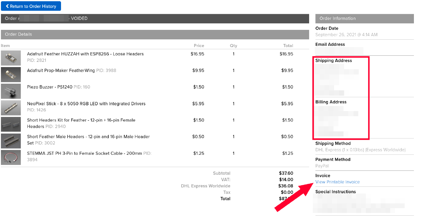Order history page showing past orders with the option to view order details