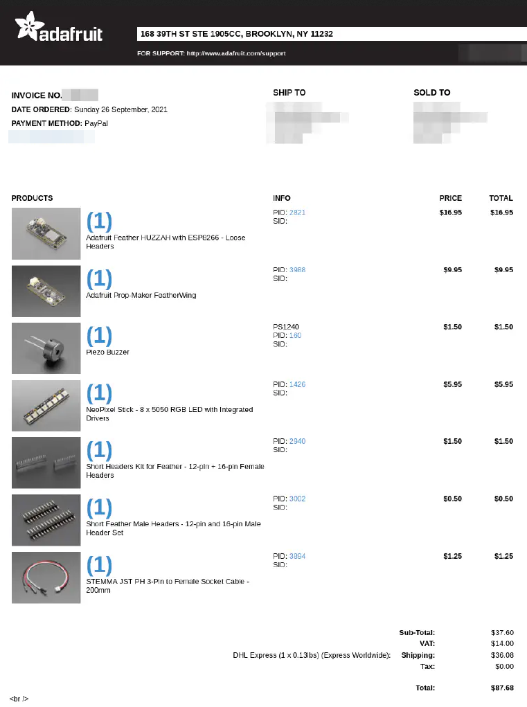 Printable invoice reflecting the address
