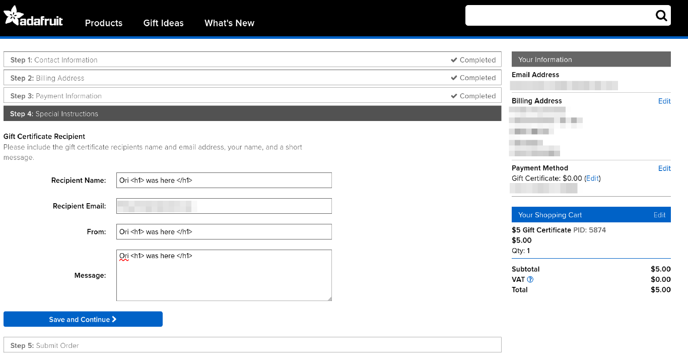 Injecting HTML into the fields Recipient Name, From and Message