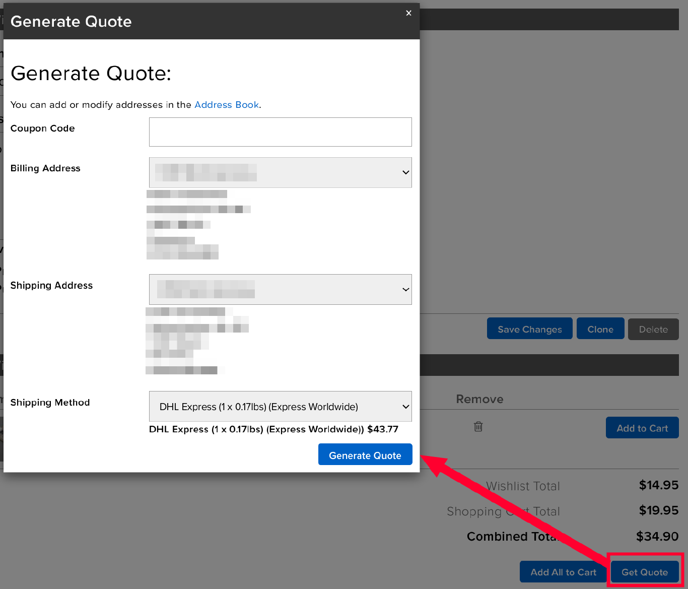 A button labeled ‘get quote’ being clicked. A popup labeled ‘Generate quote’ that lets the user enter a coupon code and select from a drop down menu a billing address, a shipping address and a shipping method.