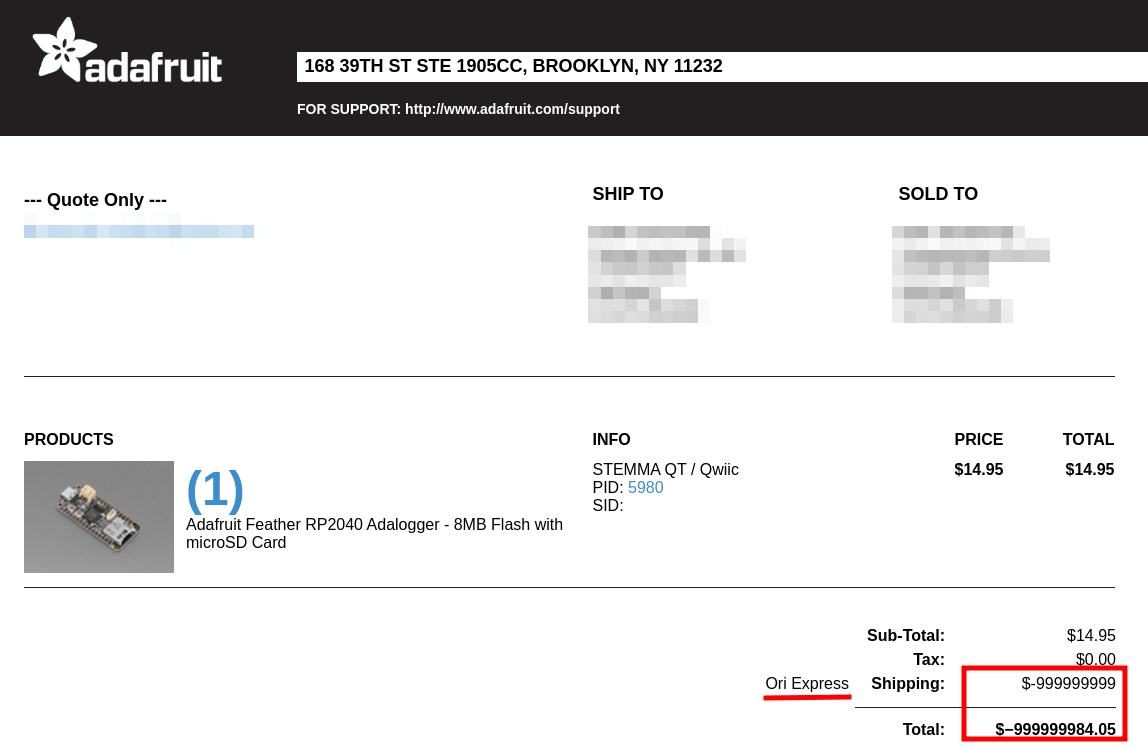 Modified values visible on the website. Shipping Text is now Ori Express. Shipping cost is -999999999$. Total is -999999984.05$.