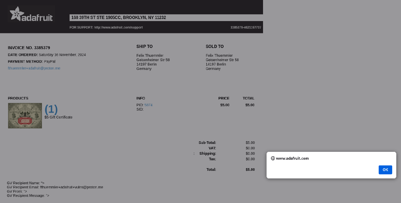 Printable invoice page showing triggering XSS payload